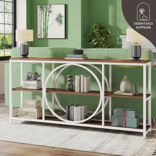 70.9" White Walnut Console Table with 3-Tier Shelves – Modern Industrial Accent