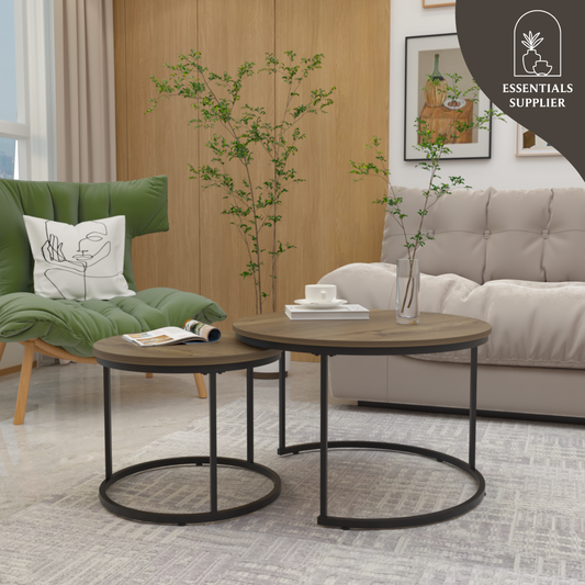 Round Nesting Coffee Table Set of 2 with Marble Top & Metal Frame – Modern Living Room