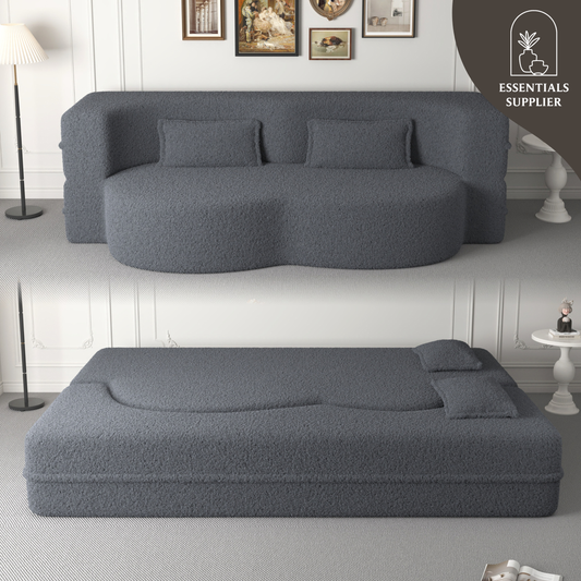 Modern Grey Teddy Fabric Floor Sofa Bed with 2 Pillows – Convertible & Space-Saving