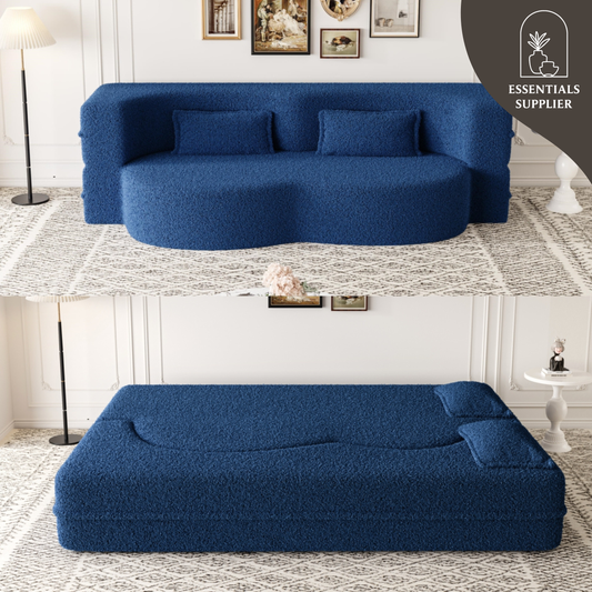 Blue Teddy Fabric Convertible Floor Sofa Bed with 2 Pillows, Full Size 78"