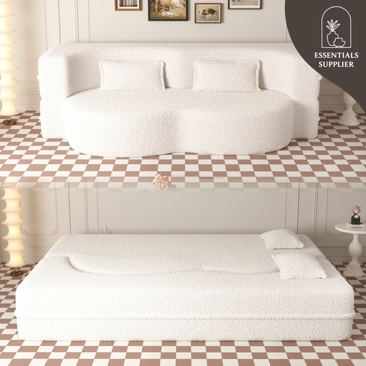 Modern Beige Teddy Fabric Floor Sofa Bed with 2 Pillows – Convertible & Space-Saving
