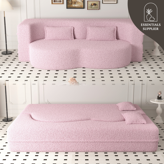 Modern Pink Teddy Fabric Floor Sofa Bed with 2 Pillows – Convertible & Space-Saving