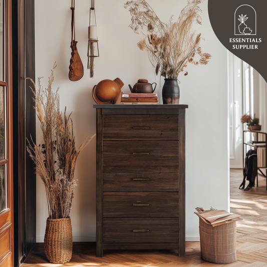 Vertical 5-Drawer Chest, Brown MDF with Wood Veneer, 73x40x120cm Storage Unit