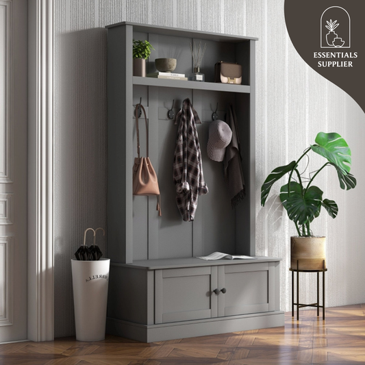 Gray Entryway Hall Tree with Storage Cabinet, Bench & Coat Rack