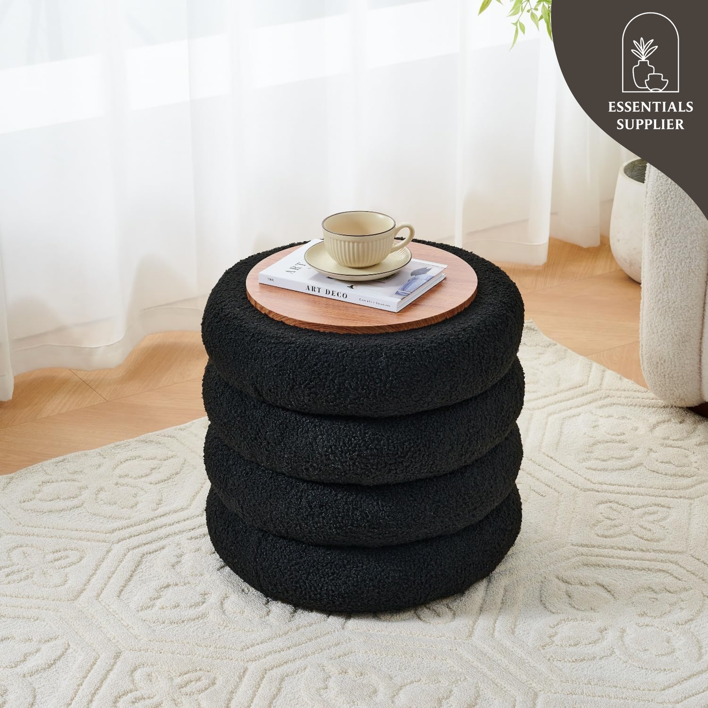 Round Shape Storage Ottoman Stool with Flip Tray, Vanity & Footrest Chair, Black