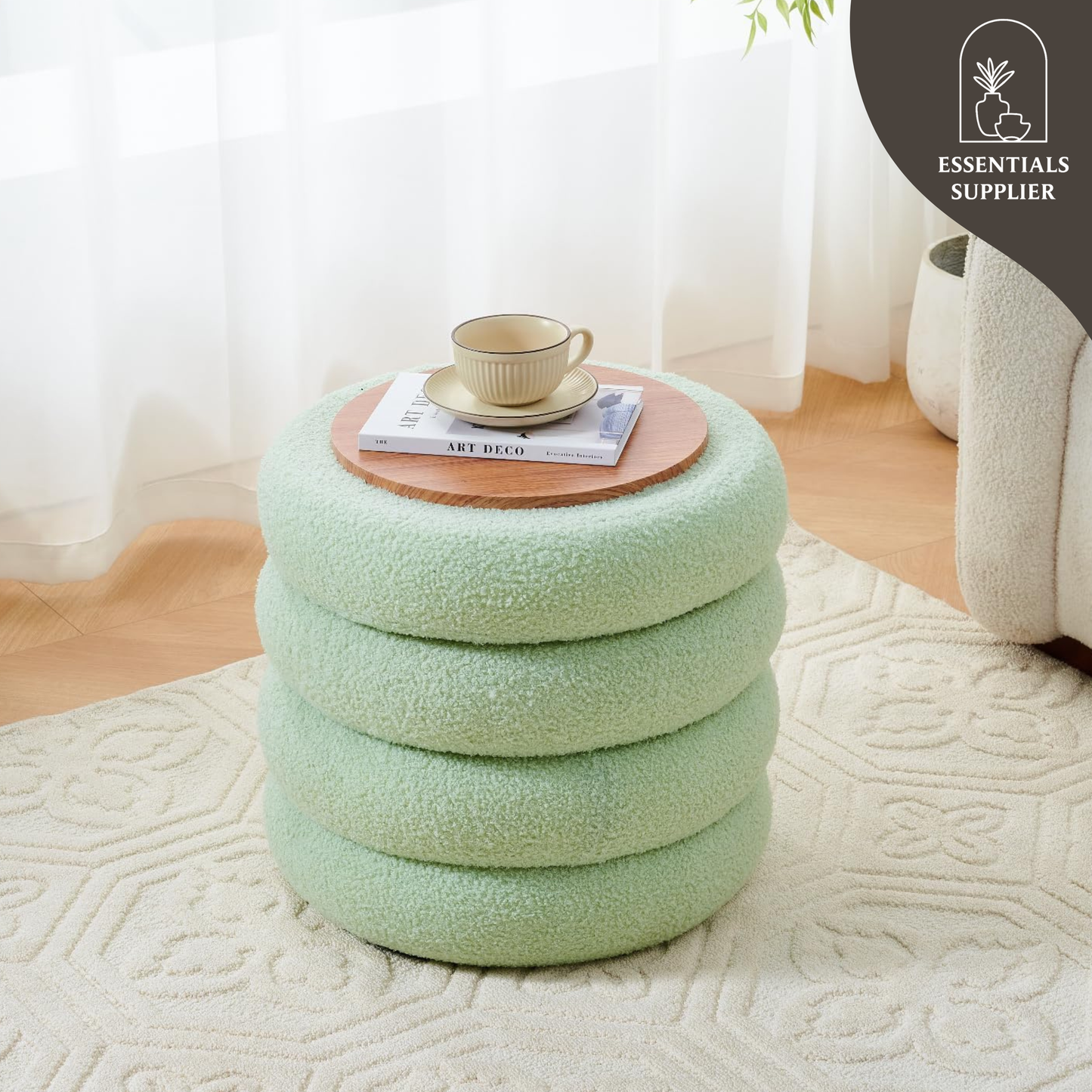 Round Shape Storage Ottoman Stool with Flip Tray, Vanity & Footrest Chair, Green