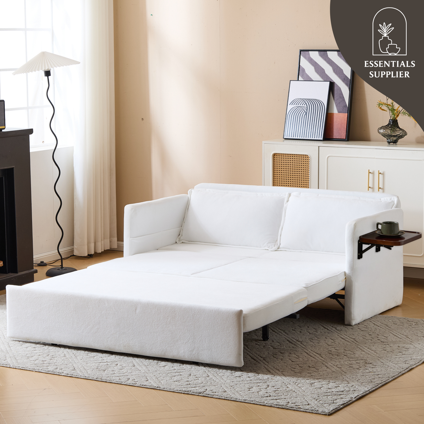 3-in-1 Sleeper Chair Bed with Tray & USB, Convertible Sofa in, White