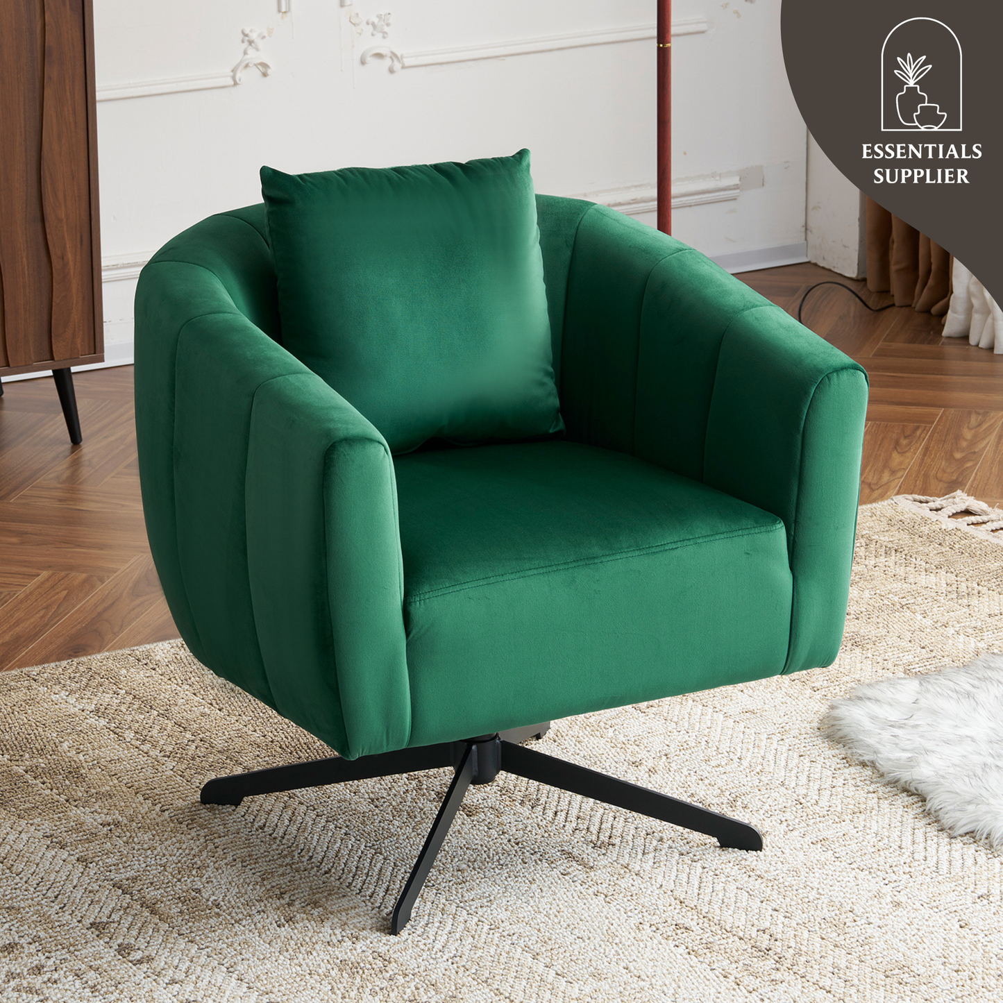 360° Swivel Velvet Accent Chair with Fluffy Cushion – Green