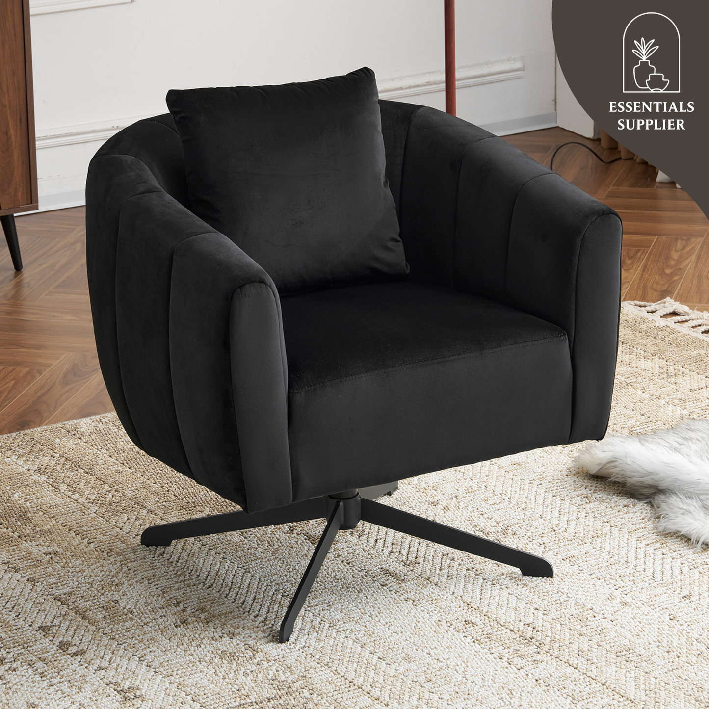 360° Swivel Velvet Accent Chair with Fluffy Cushion – Black