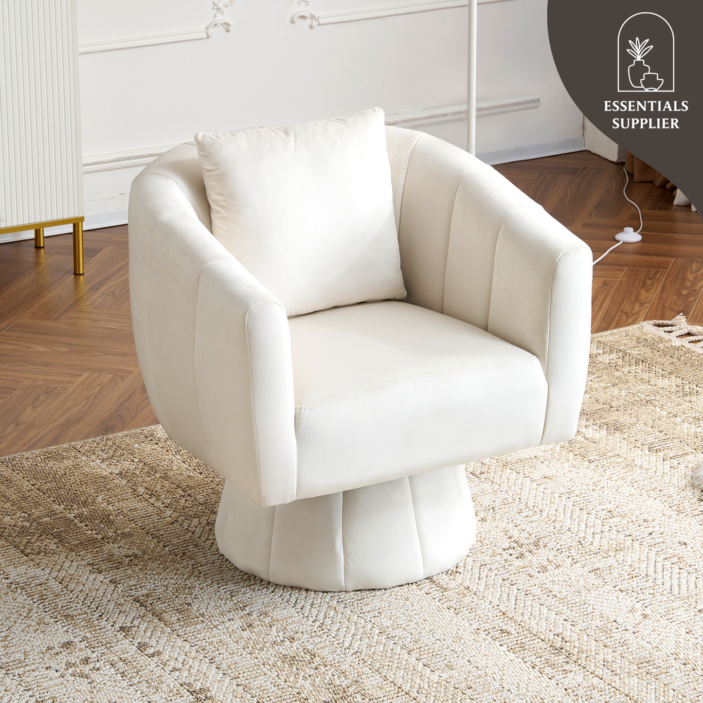 360° Swivel Velvet Accent Chair with Fluffy Cushion – Off White