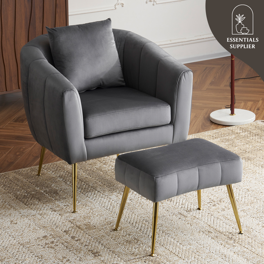 Velvet Barrel Chair with Ottoman & Lumbar Pillow – Gray Accent Set