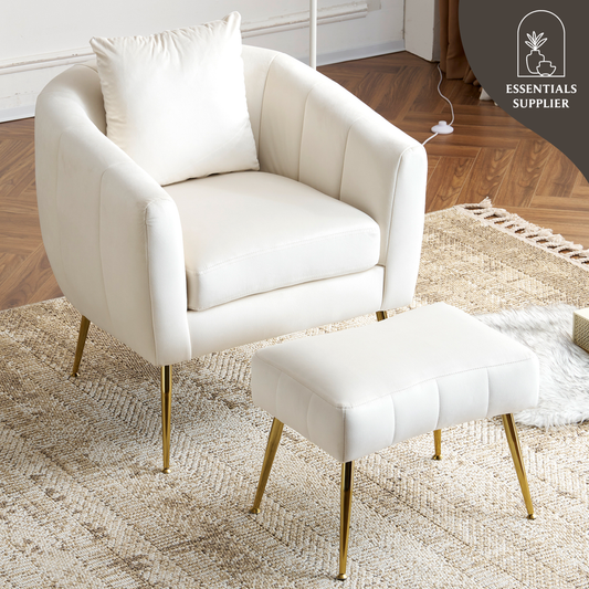 Velvet Barrel Chair with Ottoman & Lumbar Pillow – Off White  Accent Set