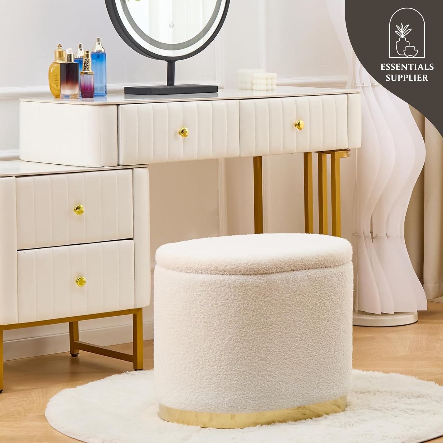 Round Storage Ottoman with Flip-Top Lid – White Upholstered Stool