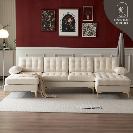 U-Shaped Sectional Sofa – Soft Armrest & Backrest, Wooden & Iron Frame with Gold Legs, Beige Upholstery
