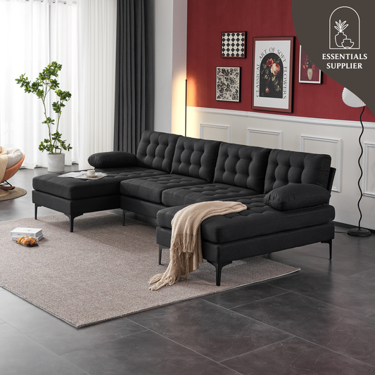 U-Shaped Sectional Sofa – Black Upholstery, Wooden & Iron Frame with Black L