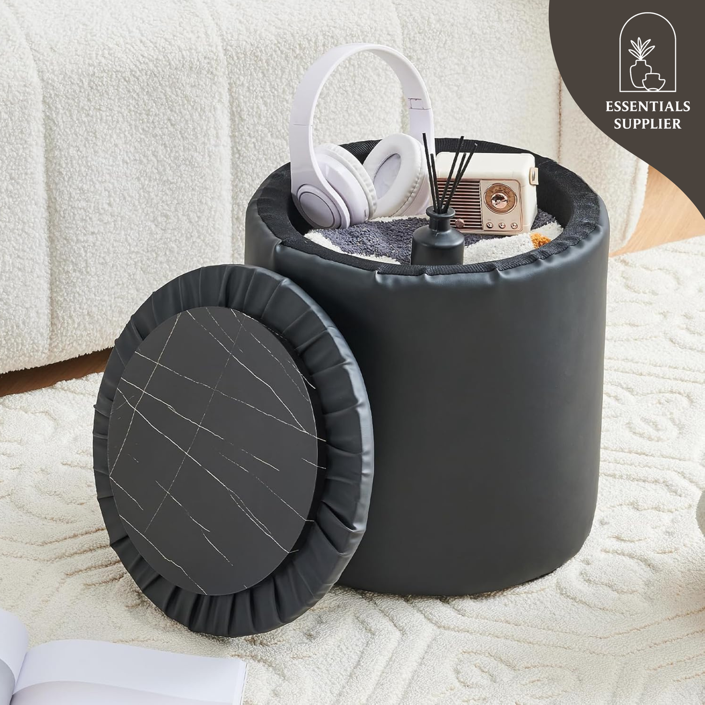 Black Faux Leather Round Storage Ottoman with Removable Lid