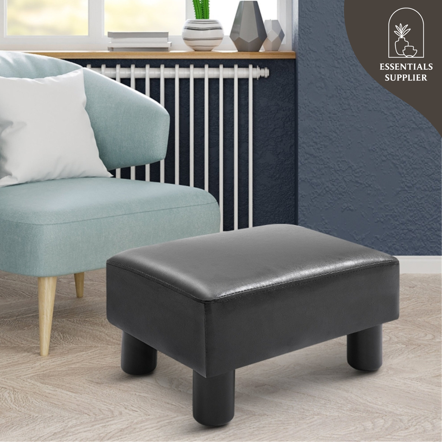 Black Faux Leather Foot Rest Ottoman – Chic, Lightweight & Durable