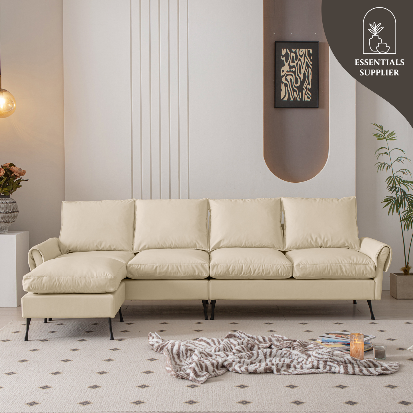 104.5" Modern L-Shaped Tech Leather Sofa with Convertible Ottoman