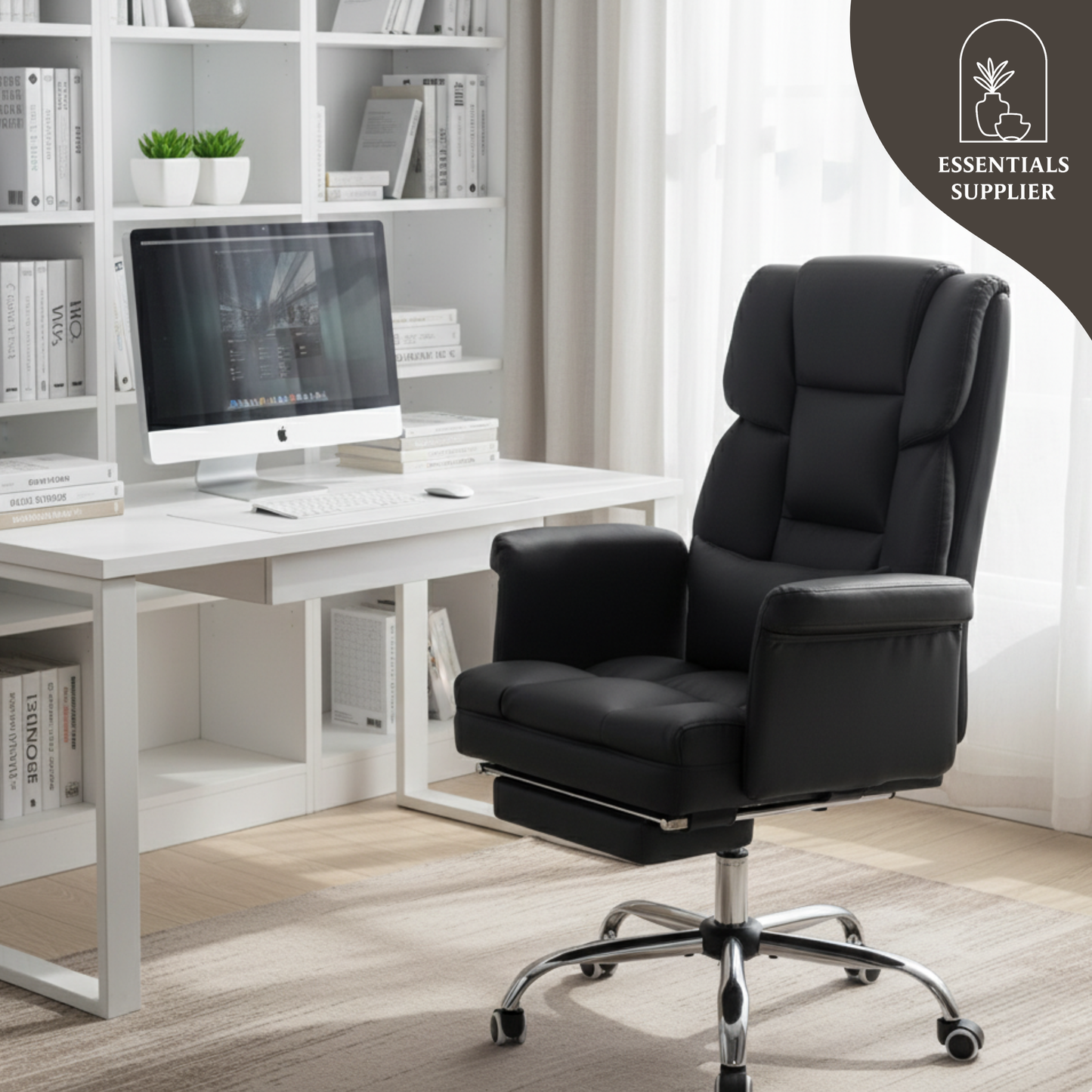 Black Massage Office Chair with Reclining Back, Footrest & PU Leather Finish