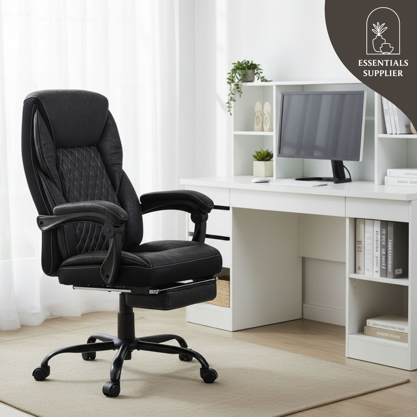 Black High-Back Reclining Office Chair with Footrest & Microfiber Upholstery