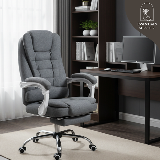 Pebble Grey High-Back Reclining Office Chair with Footrest & Linen Upholstery