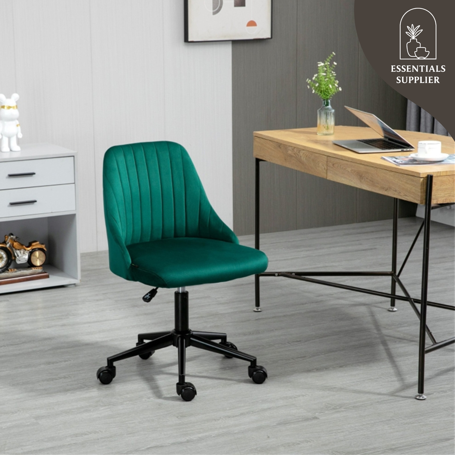 Green Velvet Scallop Swivel Office Chair – Adjustable Height & Chic Design