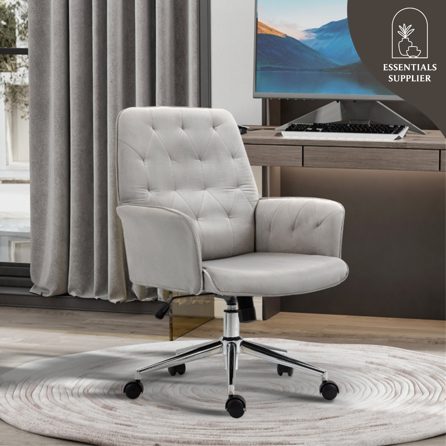 Grey Velvet Office Chair – Adjustable Height with Rocking Back & Armrests