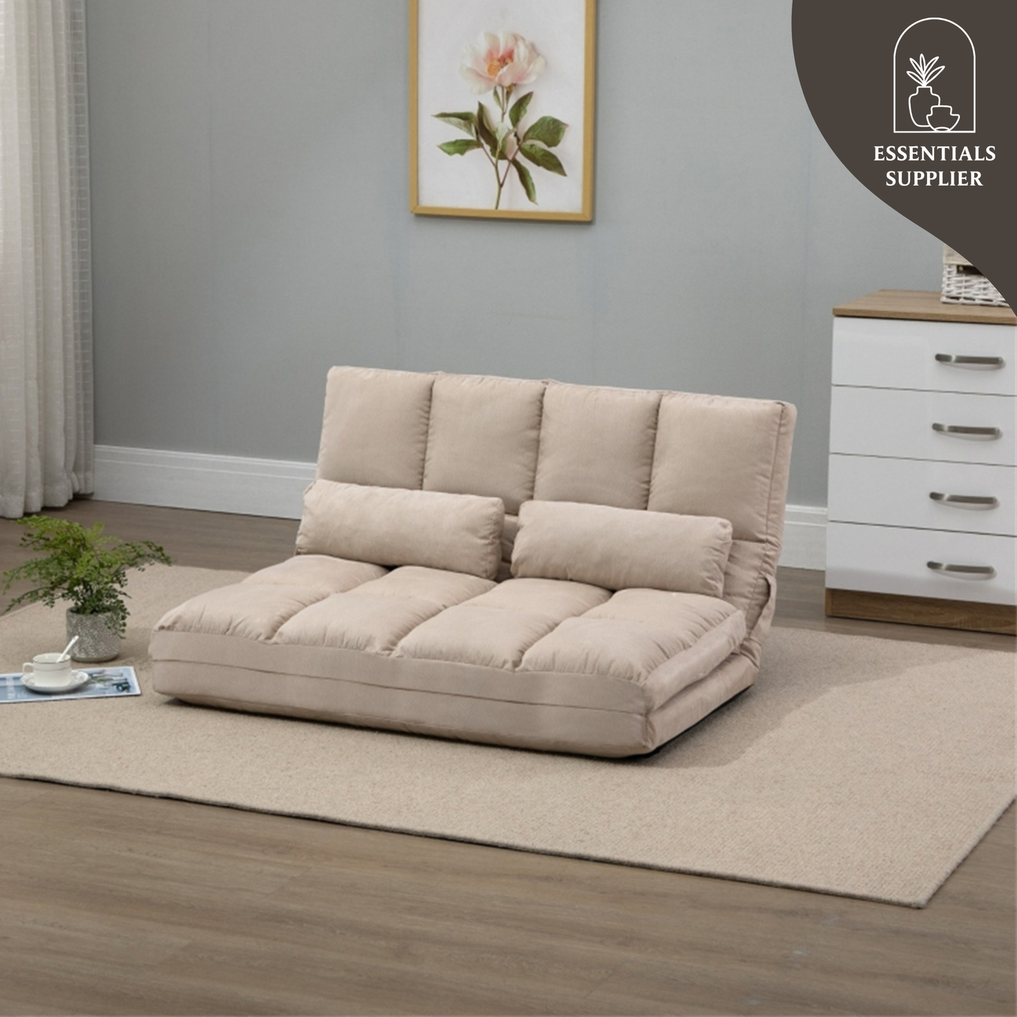 3-in-1 Adjustable Floor Sofa Bed with Backrest & Headrest – Beige