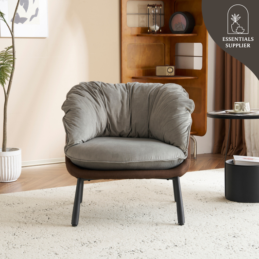 Modern Velvet Barrel Accent Chair with Metal Legs – Gray Armchair