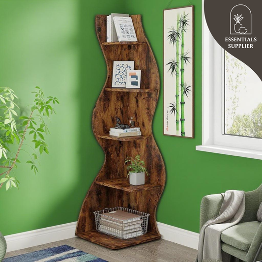 Brown Wavy 5-Tier Corner Bookshelf – Modern Sculpted Bookcase Storage Rack