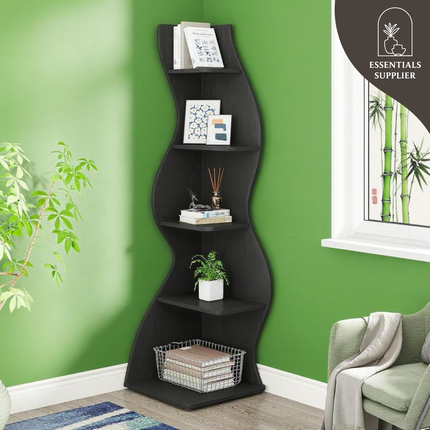 Black Wavy 5-Tier Corner Bookshelf – Modern Sculpted Bookcase Storage Rack