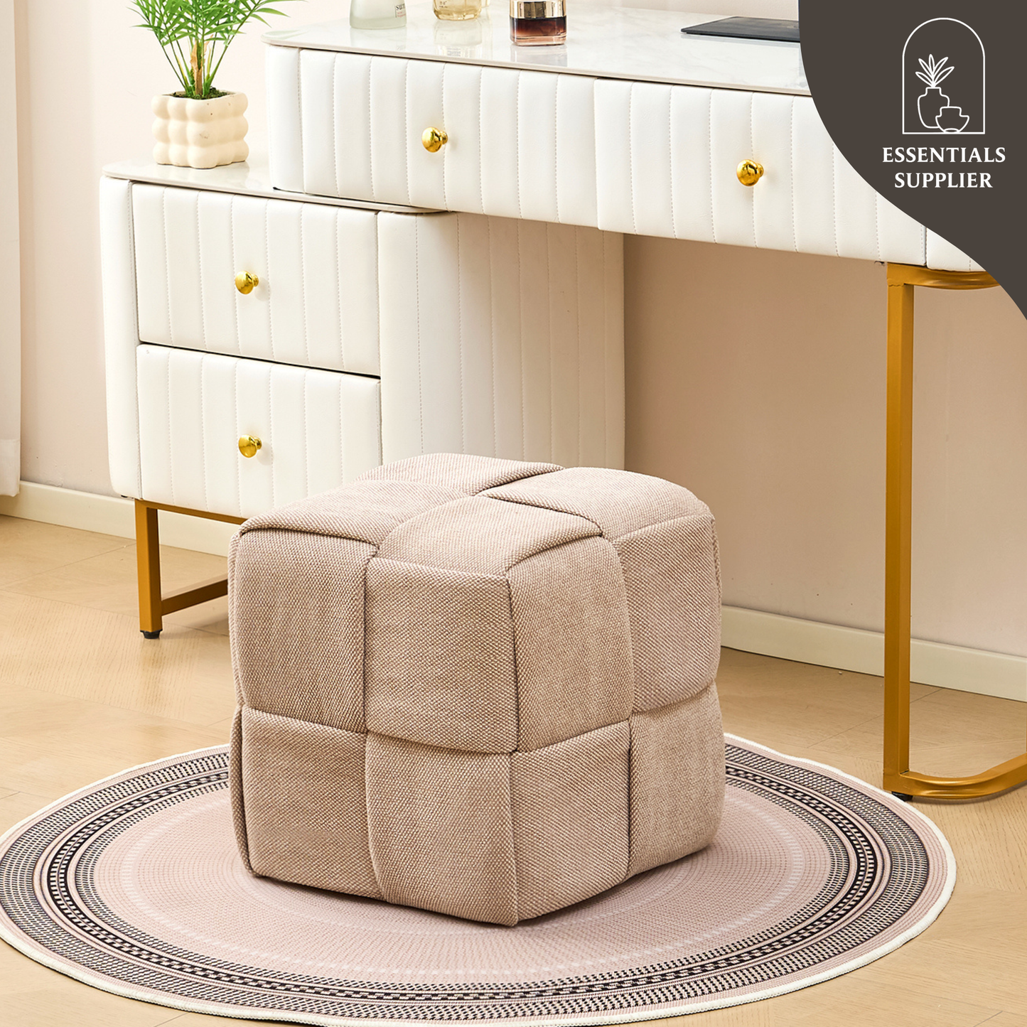 Brown Corduroy Ottoman Vanity Stool – Square Footrest for Bedroom & Entryway