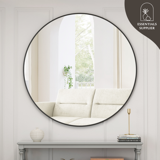 39" Black Round Wall Mirror – Modern Metal Frame for Bathroom or Bedroom