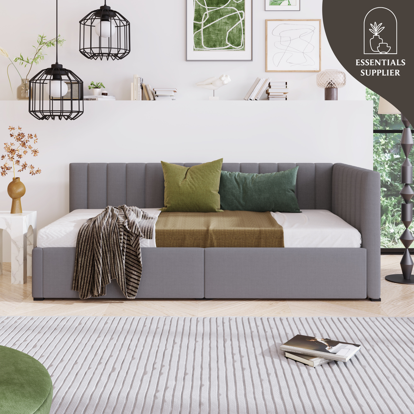 Gray Twin Upholstered Daybed with 2 Storage Drawers – Linen Sofa Bed Frame