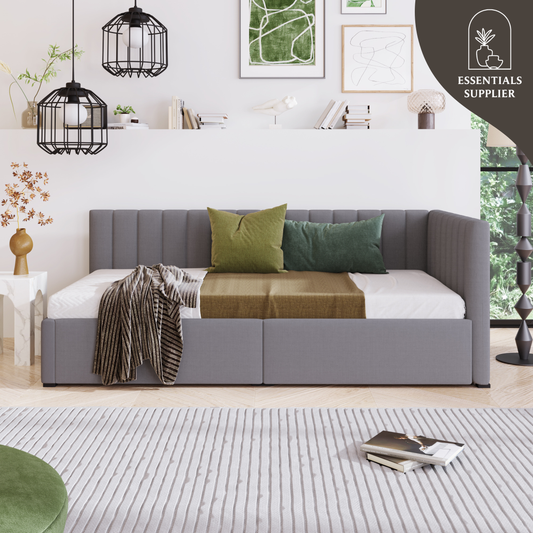 Gray Twin Upholstered Daybed with 2 Storage Drawers – Linen Sofa Bed Frame