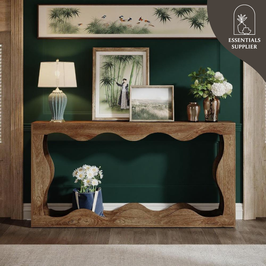 63" Light Brown Farmhouse Wavy Console Table – 2-Tier Entryway & Sofa Table