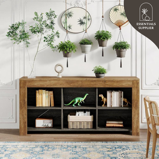 Rustic Brown 6-Cube Long Console Table – Industrial Low Bookshelf & TV Stand