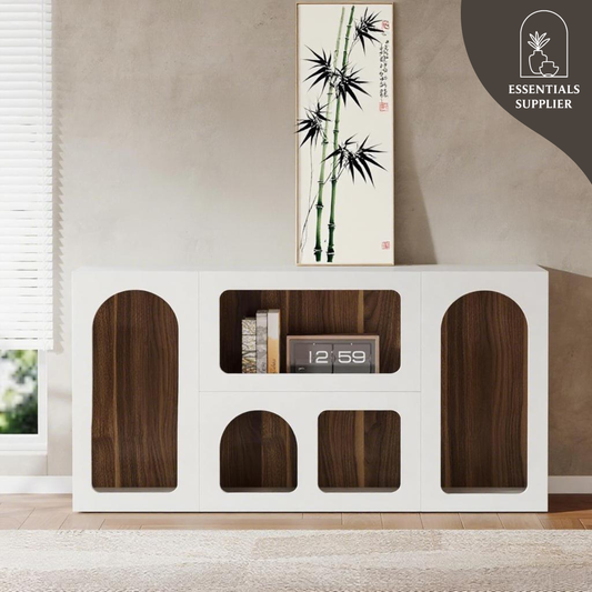 Modern White 6-Compartment Long Console Table – Elegant Storage & Display Unit