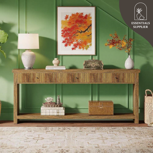 71" Oak Long Console Table – Fluted Drawers & Open Shelf Storage by Tribesigns
