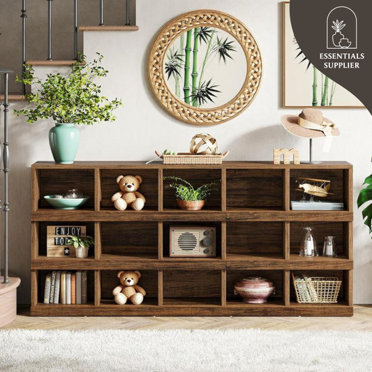 71" Rustic Brown Farmhouse Console Table – 4-Tier, 15-Cube Storage by Tribesigns
