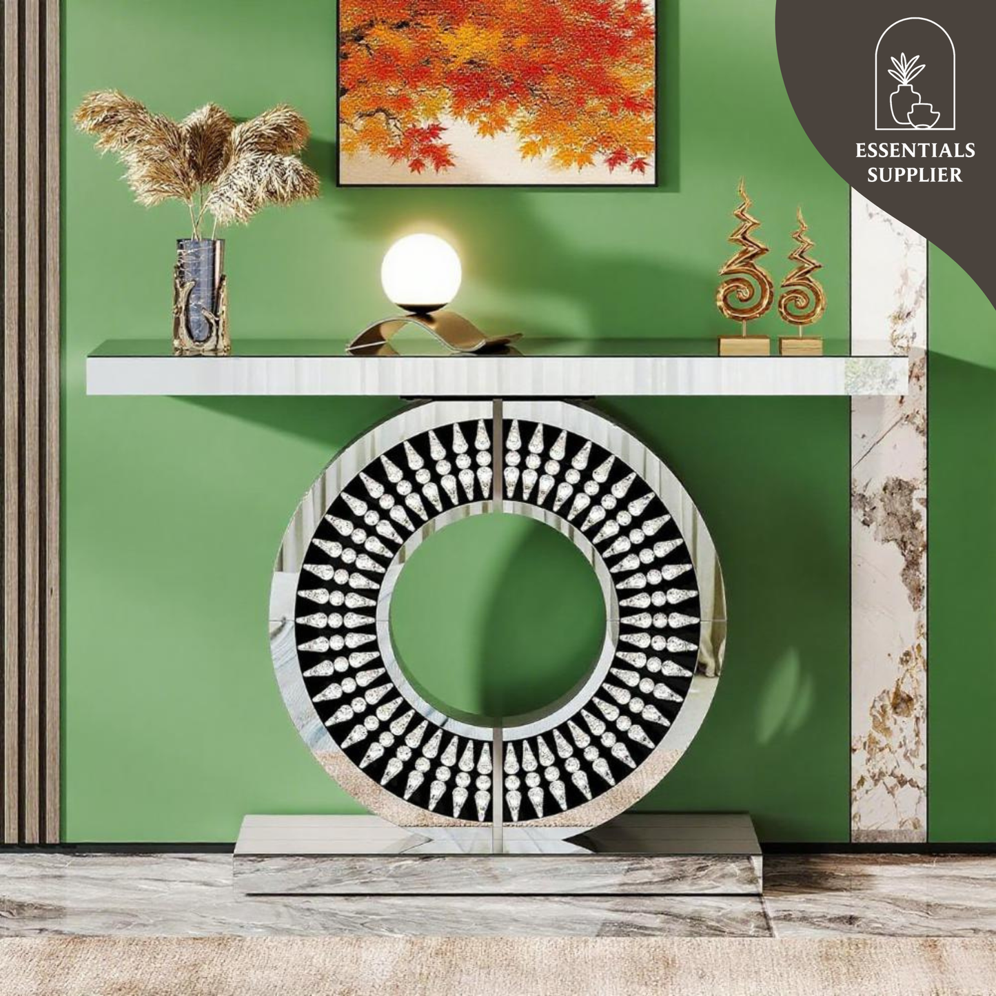 43" Silver Glass Console Table with Crystal Inlays – Modern Entryway Accent