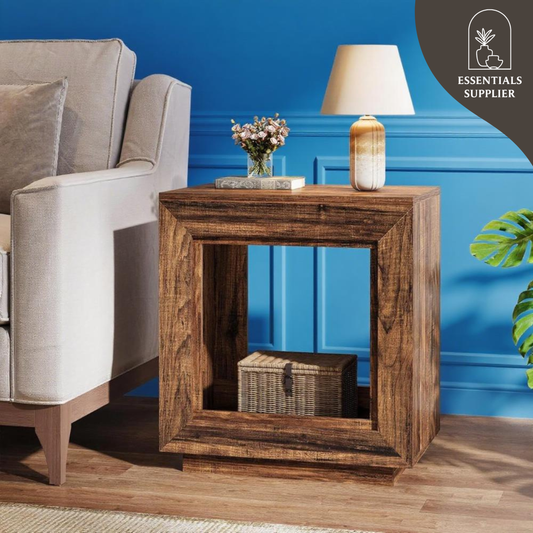 Rustic Farmhouse End Table with Shelf – Distressed Brown Coffee side Table