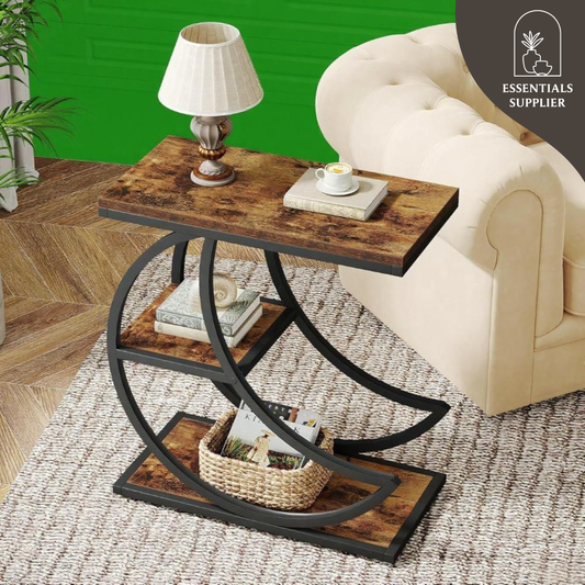Rustic Industrial 3-Tier Coffee Table with Metal Frame – Narrow End Table Stand