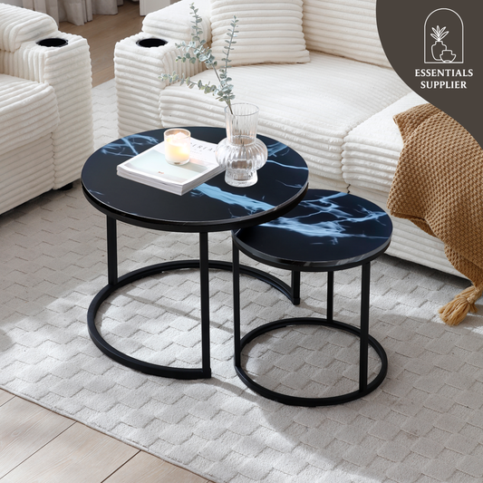 Set of 2 Nesting Coffee Tables – Round Black Frame with Marble Pattern Tops