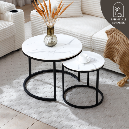 Set of 2 Nesting Coffee Tables – White & Gray Marble Top with Black Metal Frame