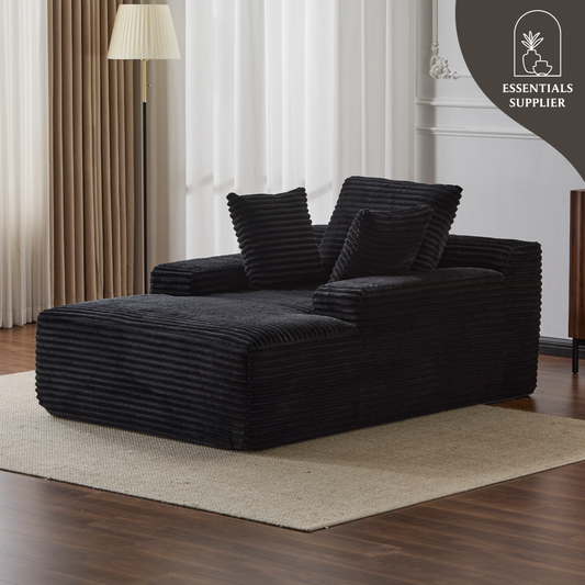 Oversized Chaise Lounge Chair – Plush Corduroy Cloud Couch with 3 Pillows, Black