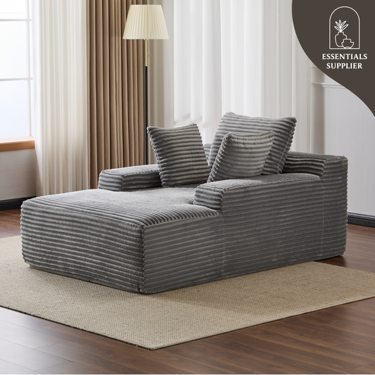 Oversized Chaise Lounge Chair – Plush Corduroy Cloud Couch with 3 Pillows, Grey
