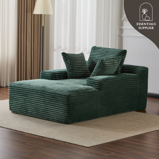 Oversized Chaise Lounge Chair – Plush Corduroy Cloud Couch with 3 Pillows, Green