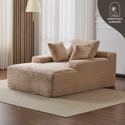 Oversized Chaise Lounge Chair – Plush Corduroy Cloud Couch with 3 Pillows, Beige