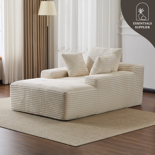 Oversized Chaise Lounge Chair – Plush Corduroy Cloud Couch with 3 Pillows, White